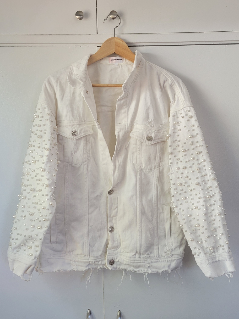 White Pearl-Embellished Denim Jacket - Women - Bride Bachelorette